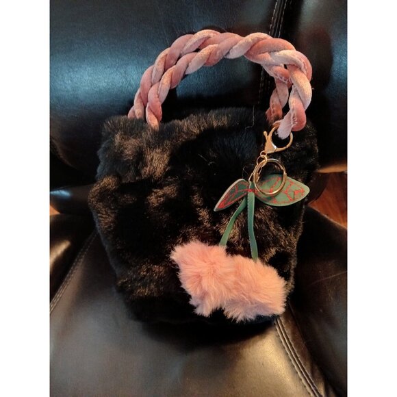 Plush BLACK Fur Bucket Bag Two PINK Pom Pom CHERRIES Fall School Trendy - Picture 8 of 12